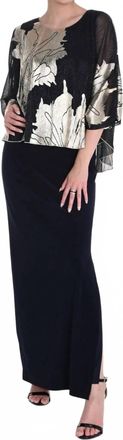 Frank Lyman Design Metallic Floral Chiffon Overlay Evening Dress In Navy/gold