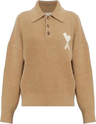 Ami Polo Trui met Geborduurd Logo - Dames - V-hals truien - Beige - XS - Wol - Truien & Vesten