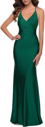 La Femme Fitted Long Jersey Gown with Criss Cross Bodice in Emerald at Nordstrom, Size 00