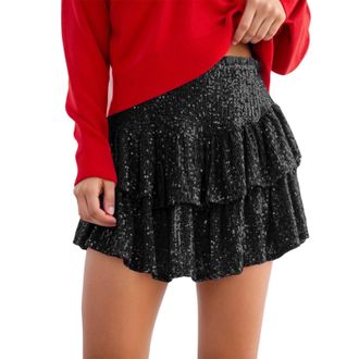 Generic Stylish Sequin Pleated Mini Skirt Fashionable Glitter Pile Design Solid Color Party Wear Leather Skirts for Women UK Mesh Dresses Purple Short Pink Tu