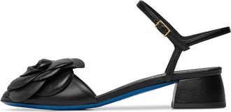 Loriblu Zwarte sandaal van nappaleer met bloem - Dames - Sandalen met hakken - Zwart - 36 EU - Leer - Schoenen