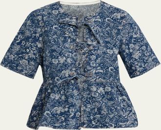 Ganni Tie-Front Tapestry Denim Peplum Top