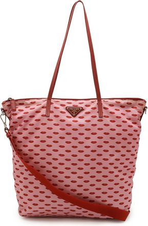 Prada Pink Red Color Nylon Leather Shoulder Bag Tote Bag (Pre-Owned)