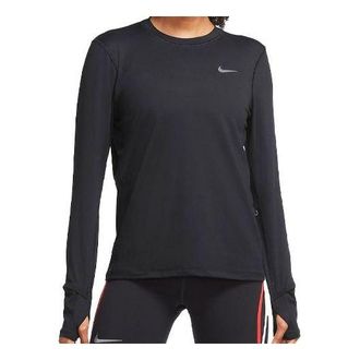 Nike (WMNS) Nike Sports Running Round Neck Solid Color Long Sleeves Black T-Shirt CU3278-010