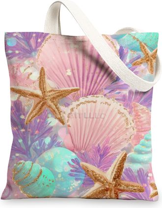 Generic Seashell Canvas Tote Bags, Colorful Ocean Inspired Reusable Grocery Bags, Lightweight Washable Shoulder Strap Canvas Bags f, Colorful, 13x15 Inch