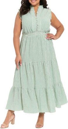 London Times Stripe Ruffle Tiered Maxi Dress in Aventurine at Nordstrom Rack, Size 16W