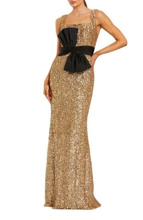 Mac Duggal Sequin Scoop Neck Column Gown With Faille Bow in Black Gold at Nordstrom, Size X-Small