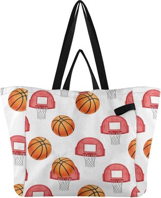 Generic Basketball White print Reusable Canvas Tote Bag, Heavy Duty Grocery Shopping Bag with Large Capacity Hard Bottom Double Handles Work Groceries Travel
