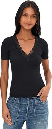 Madewell Lace-Trim V-Neck Top Womens Clothing Jet Black : LG (Womens 10-12), Cotton/Modal/Tencel