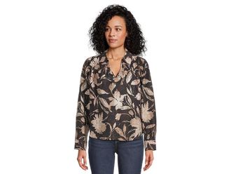 Tommy Bahama Bloom Beauty Long Sleeve Popover Top Womens Clothing Black : MD (US 8-10), Linen/Lyocell/Nylon