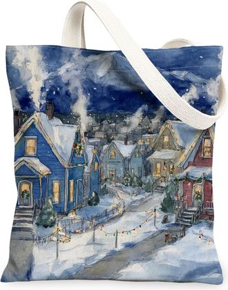 Generic Winter Village Canvas Tote Bags, Holiday Homes Pattern Reusable Grocery Bags, Lightweight Washable Shoulder Strap Canvas Fo, Blue, 13x15 Inch