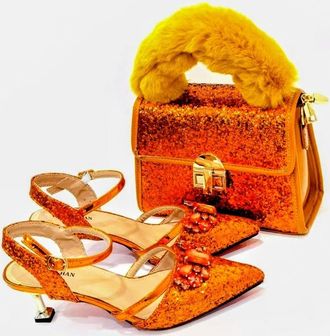 Generic Ladies Glitter Kitten Heel Shoes with Crystal Embellishment, Gold and Yellow Straps, Faux Fur Trim Matching Handbag Set (Red, UK Footwear Size System,