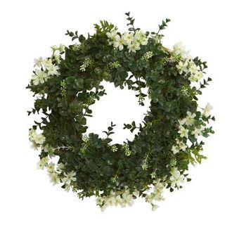 Nearly Natural 18-in Eucalyptus and Dancing Daisy Double Ring Artificial Wreath with Twig Base in Green at Nordstrom
