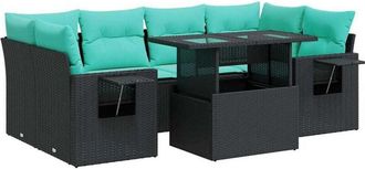 vidaXL 7 Piece Garden Sofa Set with Cushions Black Poly Rattan Acacia vidaXL