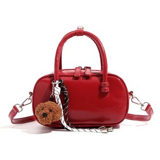 Generic Cymwer Women PU Leather Bowling Shoulder Bag with Zipper for School Work Travel (Red)