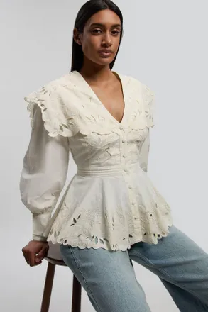 Karen Millen Womens Cutwork Button Collar Detail Woven Blouse - White Cotton - Size 10 UK