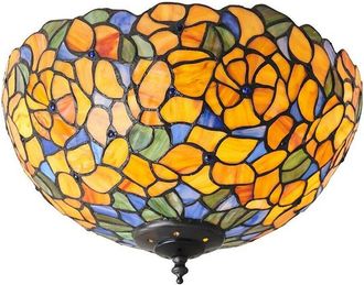 Loops Tiffany Glass Semi Flush Ceiling Light Yellow Flower Round Inverted Shade i00052