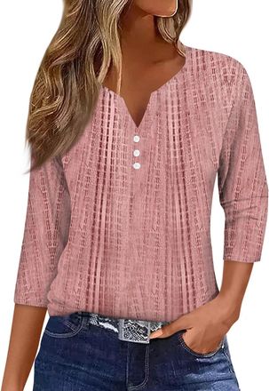 Generic 3/4 Sleeve Tops for Women Henley Neck Casual Womens T-Shirts Ladies Fitted Ladies Shirts Pink XXL 14