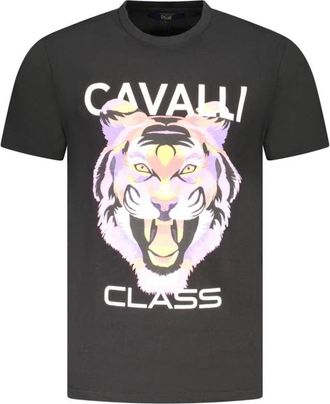 Cavalli Zwarte Katoenen Grafische Tee Shirt - Heren - T-shirts - Zwart - L - Katoen - Tops