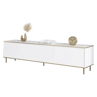 Dmora Mueble Para Tv Sassello, 3 Puertas, Con Acabados Dorados, 3 Compartimentos, 180x35x45h Cm Blanco