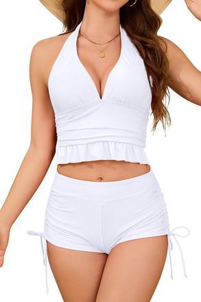 SHEKINI Womens Two Piece Bikini Sets Deep V Halter Neck Swimsuit High Waisted Ruched Side Bikini Bottom Plus Size Swimwear Bathing Suit White
