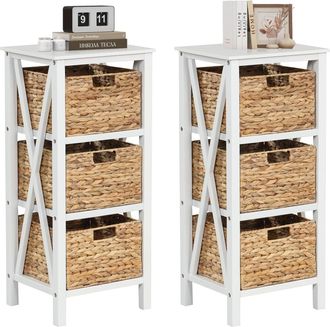 Costway Costway - Set De 2 Mesita De Noche Con Cestas De Pasto Marino, Mesillas De Noche Dormitorio Estrecha Con Dise&ntilde;o En X, Con Patas De Madera De Acacia,pa