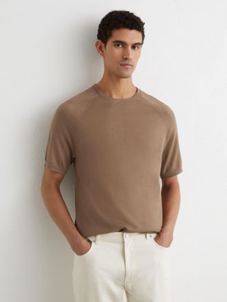 Reiss Camel Brown Merino Wool Raglan-sleeve T-shirt, XL