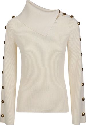 Elisabetta Franchi Fitted Long Sleeve Turtleneck Sweater with Asymmetrical Collar