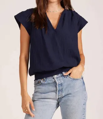 bobi Betty Split Neck Tee Top In Navy