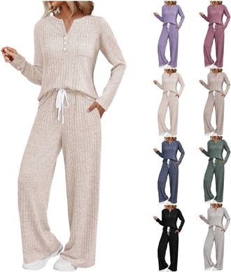 Generic Cocila Womens Long Sleeve Loungewear Ladies 2 Piece Co Ord Sets Knit Tracksuit Outfits Drawstring Nightwear Casual V Neck Jumpers and Wide Leg Trouser