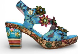 Laura Vita Womens Marlene 12 Blue Floral Leather Wedge Heel Espadrille Sandals