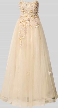 Unique Abendkleid mit floralem Stitching in Hellgelb, Gr&ouml;&szlig;e 32