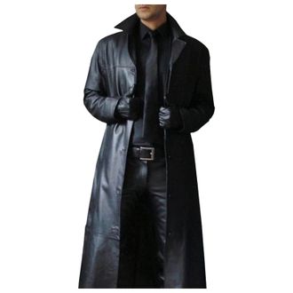 Generic Mens Trench Coat, Solid Color Pu Leather Full Length Windbreaker Gothic Faux Leather Steampunk Overcoat Casual Outwear Lapel Windproof Motorcycle Butt