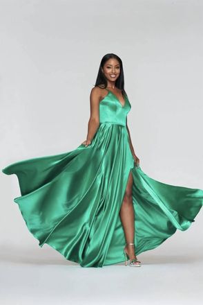 Faviana Lace Up Back Prom Maxi Dress In Emerald