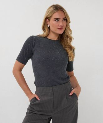 Esqualo Tessina Rib Short Sleeve Studs Top In Dark Grey Melange