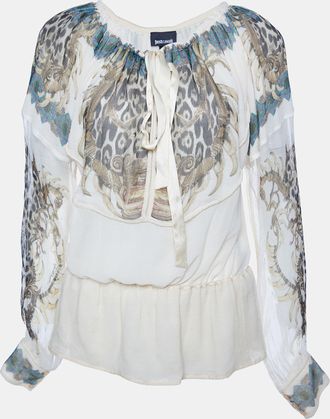Just Cavalli Cream Printed Silk Chiffon Top