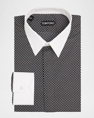 Tom Ford Mens Cotton Diamond-Print Contrast Collar-Cuff Dress Shirt