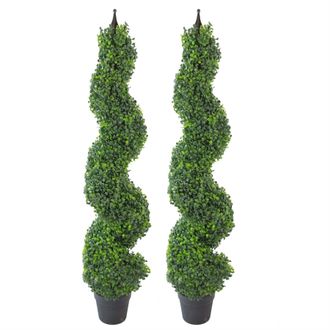 Leaf Pair of 120cm (4ft) Tall Artificial Boxwood Tower Trees Topiary Spiral Metal Top in Green