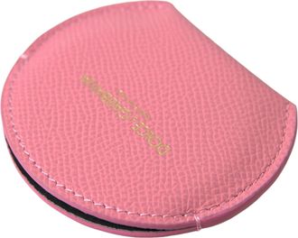 Dolce & Gabbana Pink Calfskin Leather Round Logo Print Hand Mirror Holder Accessory
