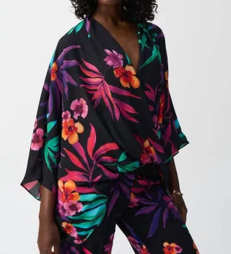 Joseph Ribkoff Floral V-Neck Wrap Pullover Top In Black