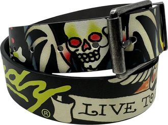 Ed Hardy Mens Tattoo Print Graphic Twist Reversible Belt, Live to Ride-black/Gray, 40