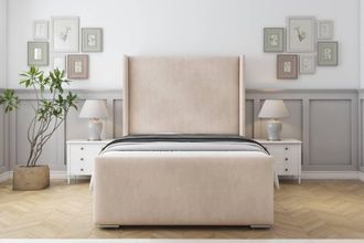 Sloomy Devonshire Naples Frame-Mattress-50 Upholstered Wingback Headboard in Light Sand | Size: Double