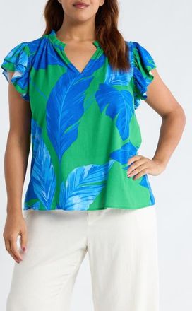Sugarlips Risette Flutter Sleeve Split Neck Top in Green-Blue at Nordstrom, Size 2X