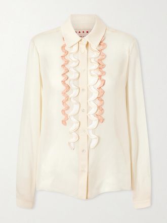 Marni Camicia In Seta Con Finiture In Cr&ecirc;pe E Ruches - Bianco sporco