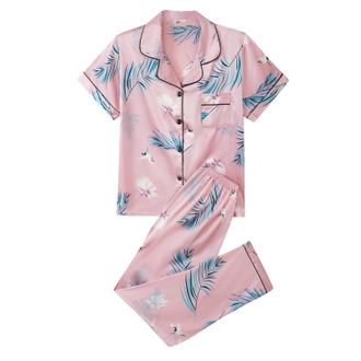 Generic Floral Satin Pyjamas For Women - Satin Pyjamas For Women Plus Size - Silk Pyjama Set Floral Loungewear Tracksuits Button Up Pjs Petite Nightwear Silk 