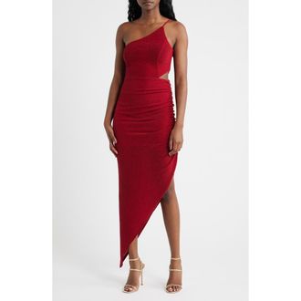 Jump Apparel Metallic Knit One-Shoulder Asymmetric Gown in Red at Nordstrom, Size X-Small