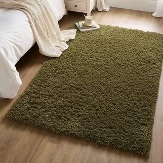 Kukoon Olive Moss Green Shaggy Rug Soft Fluffy Pile Living Room Area Mat | Size: 200 cm x 290 cm