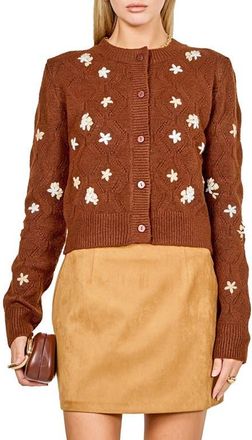 endless rose Floral Embroidered Pointelle Cardigan in Brown at Nordstrom, Size X-Small