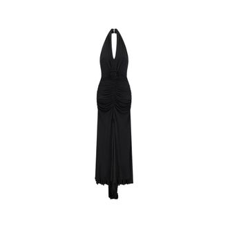 Blumarine Gowns, female, Black, Size: 2XS Long Shiny Jersey Dress with Rose
