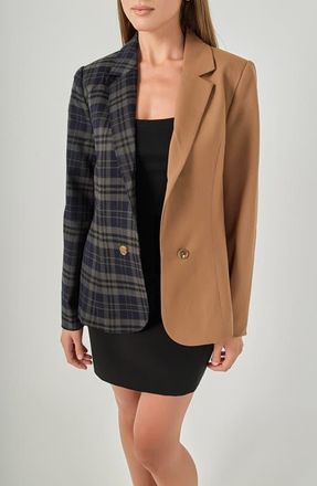 endless rose Two-Tone Plaid Blazer in Navy/taupe at Nordstrom, Size X-Large